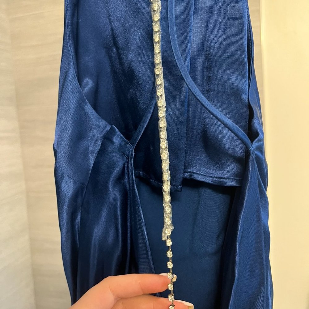 Zara's Blue Satin Dress with Open Back and a Rhinestone Strip, XS